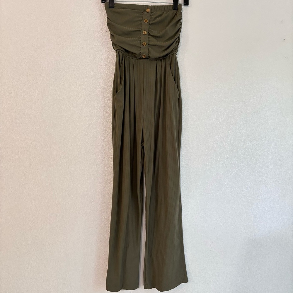 J for Justify | Olive Green tube top jumpsuit flowy pockets